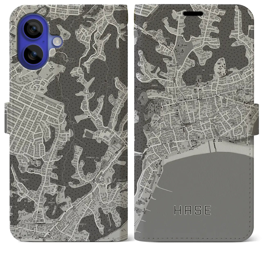 【長谷(神奈川県)】地図柄iPhoneケース(手帳タイプ)モノトーン・iPhone 16 Pro Max 用