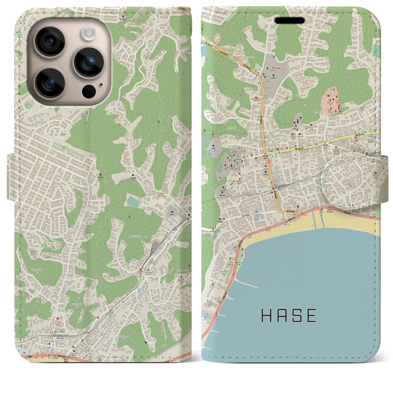 【長谷（神奈川県）】地図柄iPhoneケース（手帳タイプ）ナチュラル・iPhone 16 Plus 用