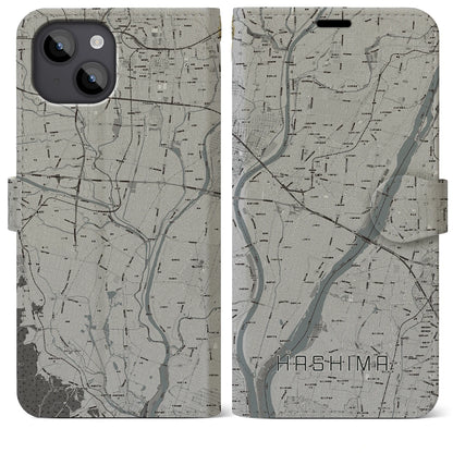 【羽島（岐阜県）】地図柄iPhoneケース（手帳タイプ）モノトーン・iPhone 14 Plus 用