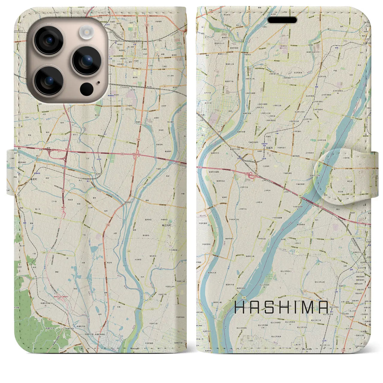 【羽島（岐阜県）】地図柄iPhoneケース（手帳タイプ）ナチュラル・iPhone 16 Plus 用