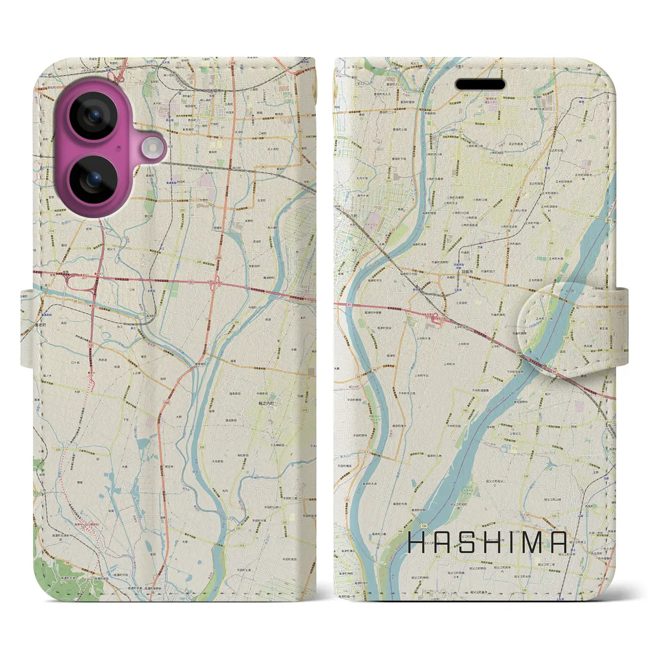 【羽島（岐阜県）】地図柄iPhoneケース（手帳タイプ）ナチュラル・iPhone 16 Pro 用