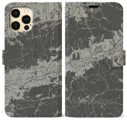 【橋本（和歌山県）】地図柄iPhoneケース（手帳タイプ）モノトーン・iPhone 12 Pro Max 用