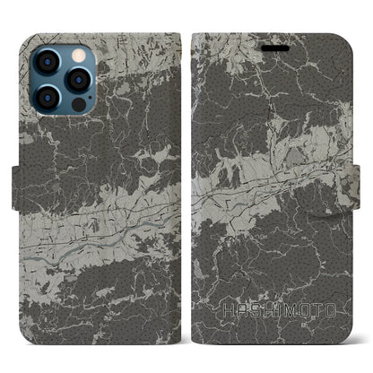 【橋本（和歌山県）】地図柄iPhoneケース（手帳タイプ）モノトーン・iPhone 12 / 12 Pro 用