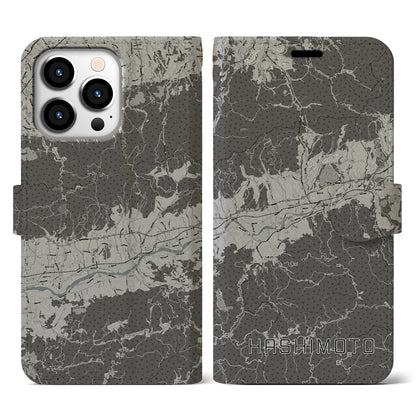【橋本（和歌山県）】地図柄iPhoneケース（手帳タイプ）モノトーン・iPhone 13 Pro 用