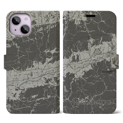 【橋本（和歌山県）】地図柄iPhoneケース（手帳タイプ）モノトーン・iPhone 14 用