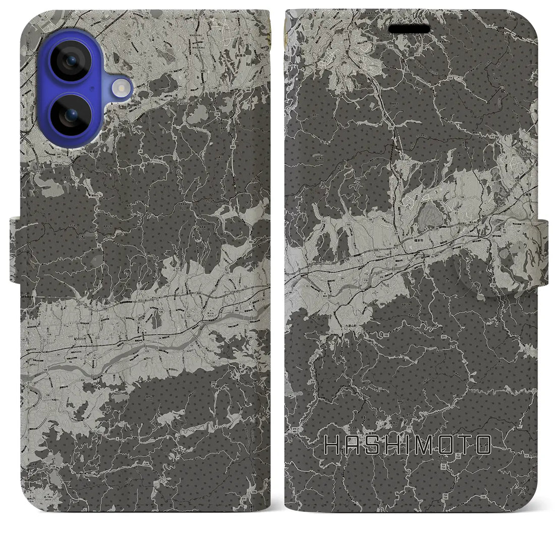 【橋本(和歌山県)】地図柄iPhoneケース(手帳タイプ)モノトーン・iPhone 16 Pro Max 用