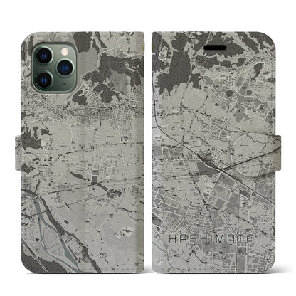 【橋本（神奈川県）】地図柄iPhoneケース（手帳タイプ）モノトーン・iPhone 11 Pro 用