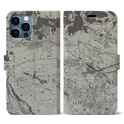 【橋本（神奈川県）】地図柄iPhoneケース（手帳タイプ）モノトーン・iPhone 12 / 12 Pro 用