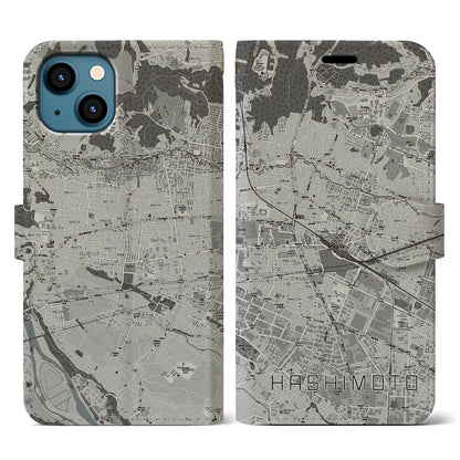 【橋本（神奈川県）】地図柄iPhoneケース（手帳タイプ）モノトーン・iPhone 13 用