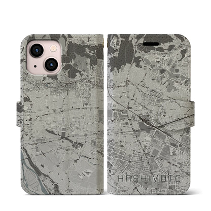 【橋本（神奈川県）】地図柄iPhoneケース（手帳タイプ）モノトーン・iPhone 13 mini 用