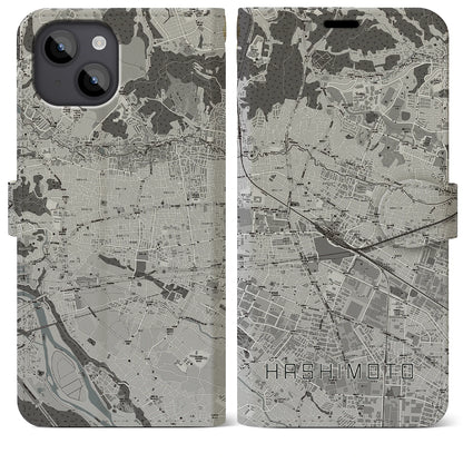 【橋本（神奈川県）】地図柄iPhoneケース（手帳タイプ）モノトーン・iPhone 14 Plus 用