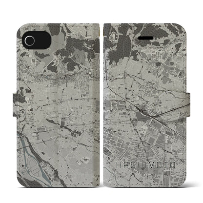 【橋本（神奈川県）】地図柄iPhoneケース（手帳タイプ）モノトーン・iPhone SE（第3 / 第2世代） / 8 / 7 / 6s / 6 用