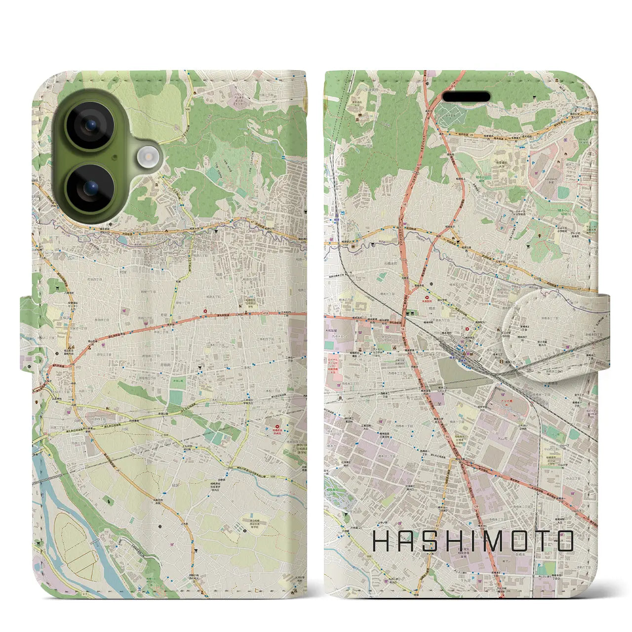 【橋本（神奈川県）】地図柄iPhoneケース（手帳タイプ）モノトーン・iPhone 17 Pro Max 用