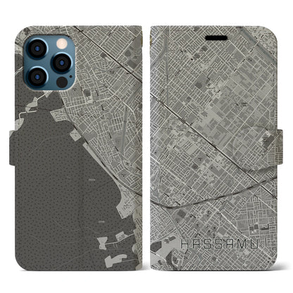 【発寒（北海道）】地図柄iPhoneケース（手帳タイプ）モノトーン・iPhone 12 / 12 Pro 用