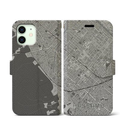 【発寒（北海道）】地図柄iPhoneケース（手帳タイプ）モノトーン・iPhone 12 mini 用