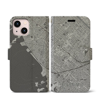 【発寒（北海道）】地図柄iPhoneケース（手帳タイプ）モノトーン・iPhone 13 mini 用