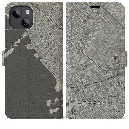 【発寒（北海道）】地図柄iPhoneケース（手帳タイプ）モノトーン・iPhone 14 Plus 用