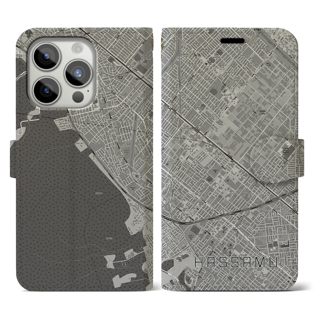 【発寒】地図柄iPhoneケース（手帳両面タイプ・モノトーン）iPhone 15 Pro 用