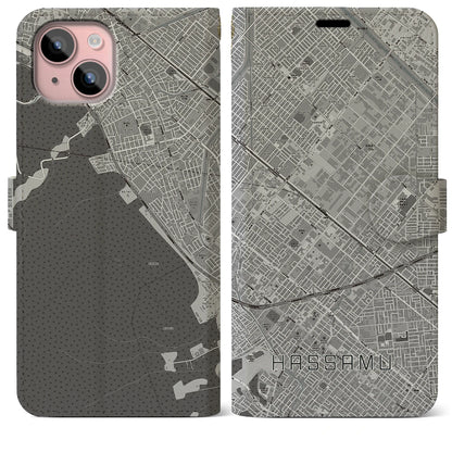 【発寒（北海道）】地図柄iPhoneケース（手帳タイプ）モノトーン・iPhone 15 Plus 用