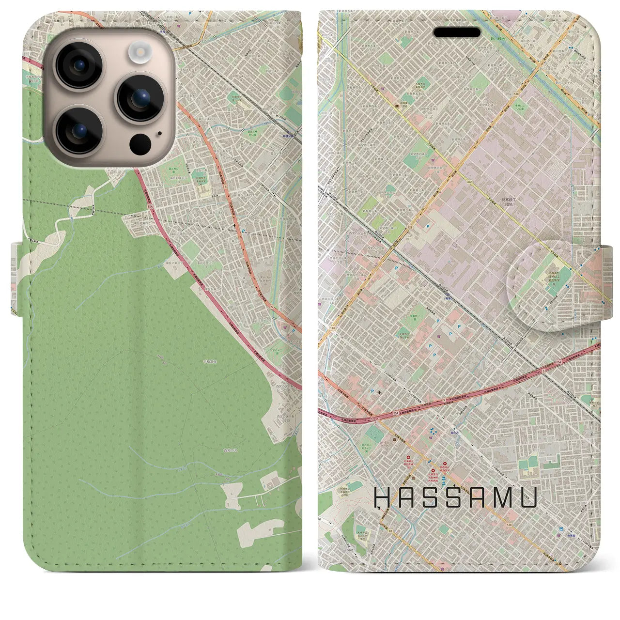 【発寒（北海道）】地図柄iPhoneケース（手帳タイプ）ナチュラル・iPhone 16 Plus 用