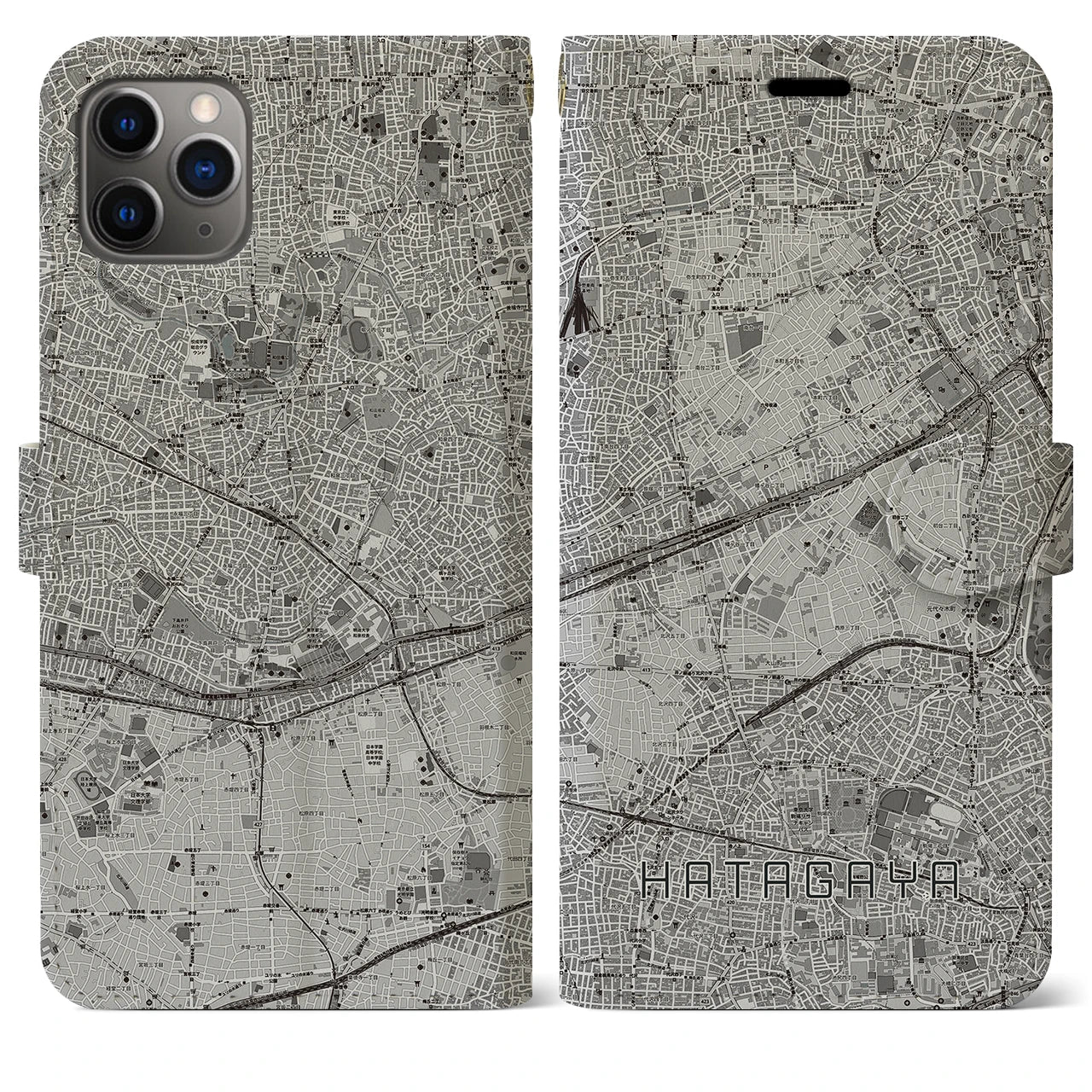 【幡ヶ谷】地図柄iPhoneケース（手帳両面タイプ・モノトーン）iPhone 11 Pro Max 用