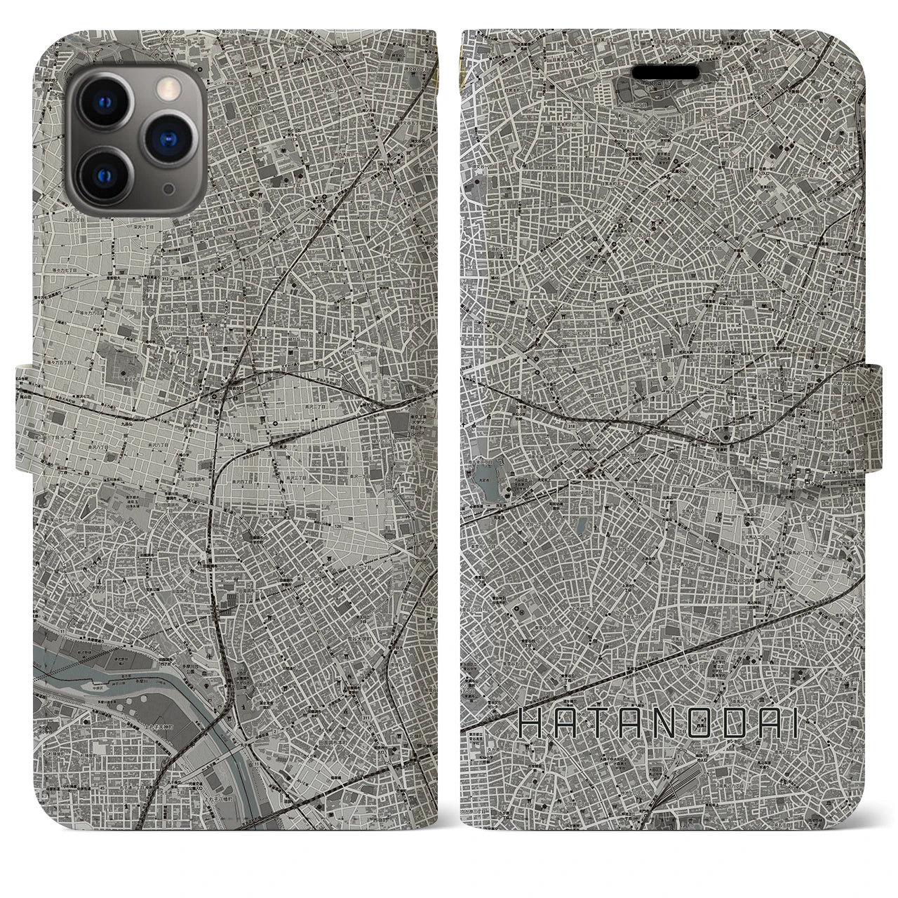 【旗の台】地図柄iPhoneケース（手帳両面タイプ・モノトーン）iPhone 11 Pro Max 用