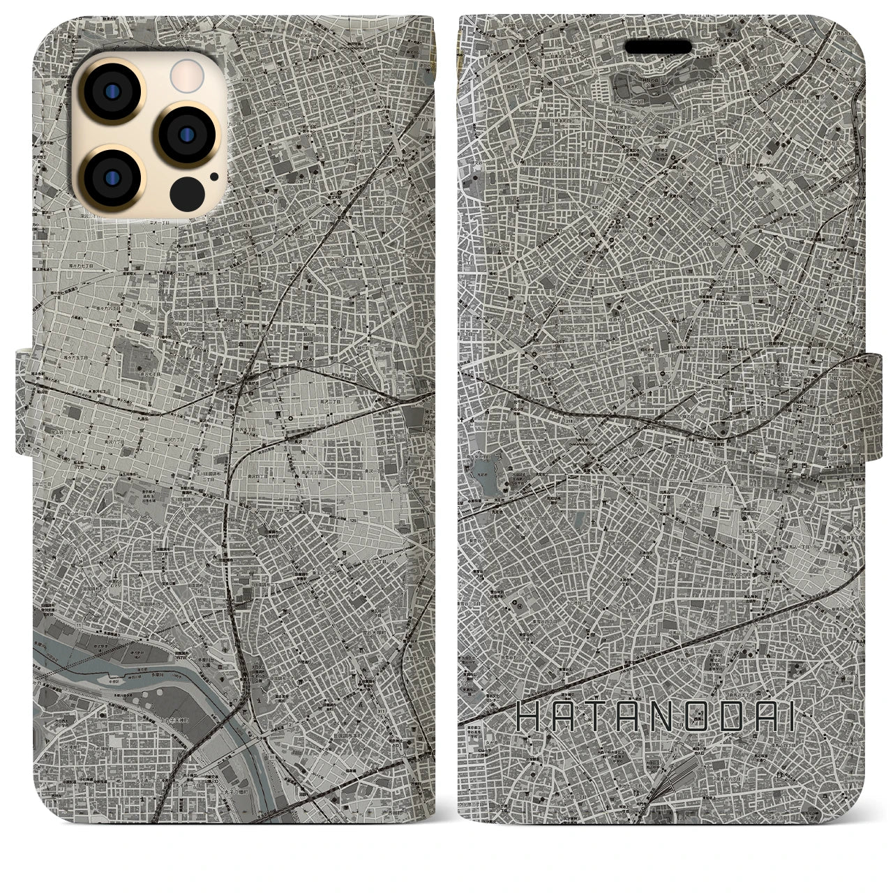 【旗の台】地図柄iPhoneケース（手帳両面タイプ・モノトーン）iPhone 12 Pro Max 用