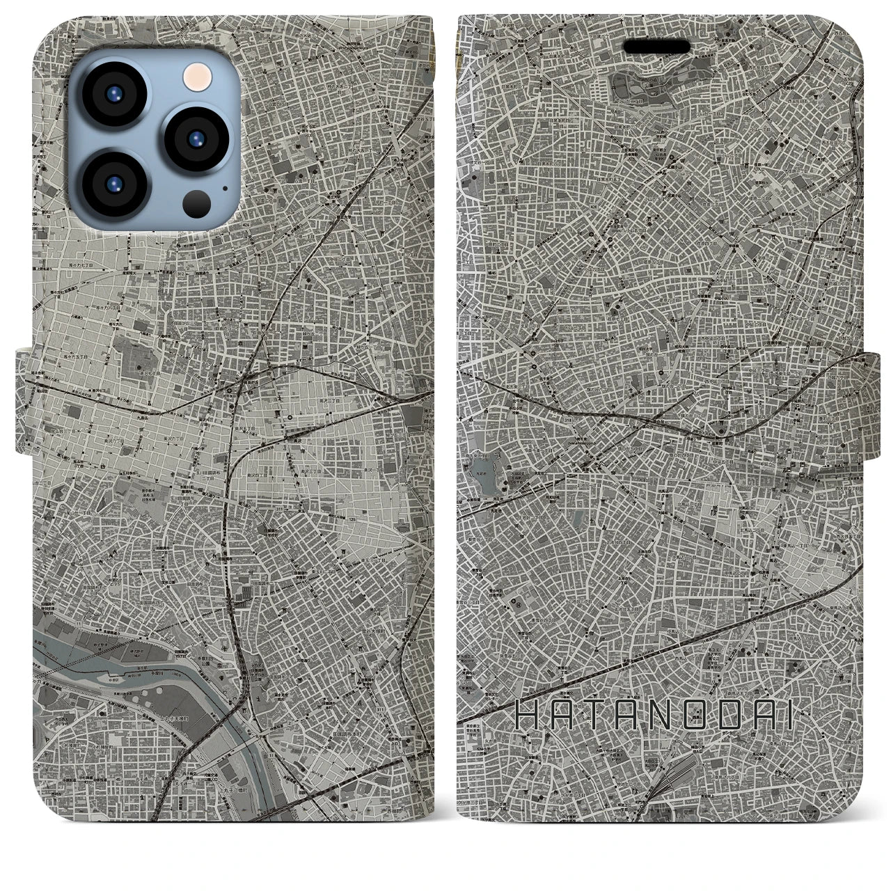 【旗の台】地図柄iPhoneケース（手帳両面タイプ・モノトーン）iPhone 13 Pro Max 用