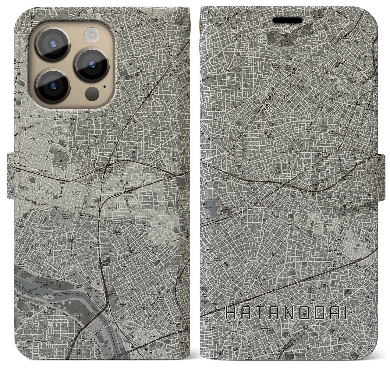 【旗の台】地図柄iPhoneケース（手帳両面タイプ・モノトーン）iPhone 14 Pro Max 用