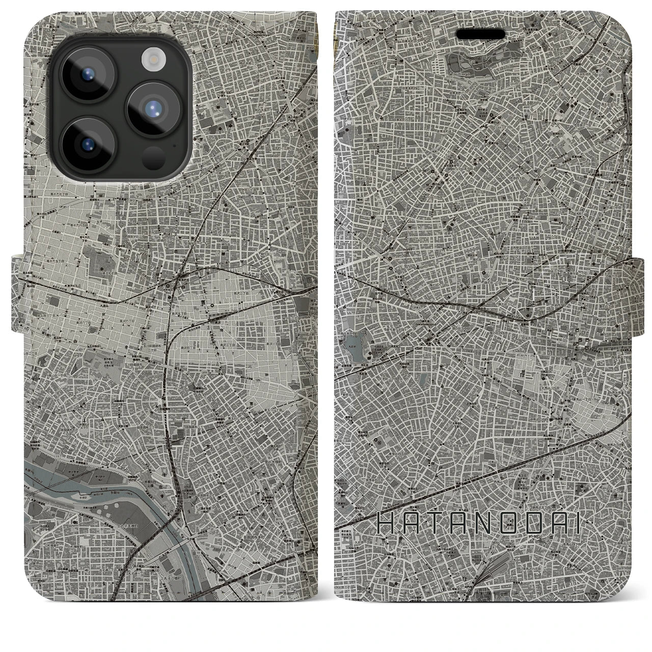 【旗の台】地図柄iPhoneケース（手帳両面タイプ・モノトーン）iPhone 15 Pro Max 用
