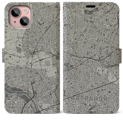 【旗の台（東京都）】地図柄iPhoneケース（手帳タイプ）モノトーン・iPhone 15 Plus 用