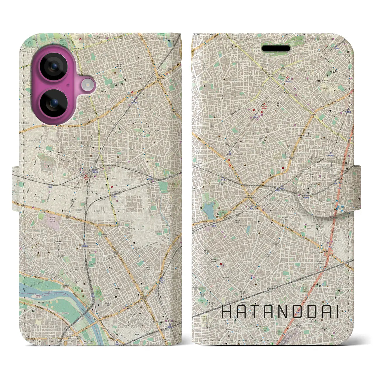 【旗の台（東京都）】地図柄iPhoneケース（手帳タイプ）ナチュラル・iPhone 16 Pro 用