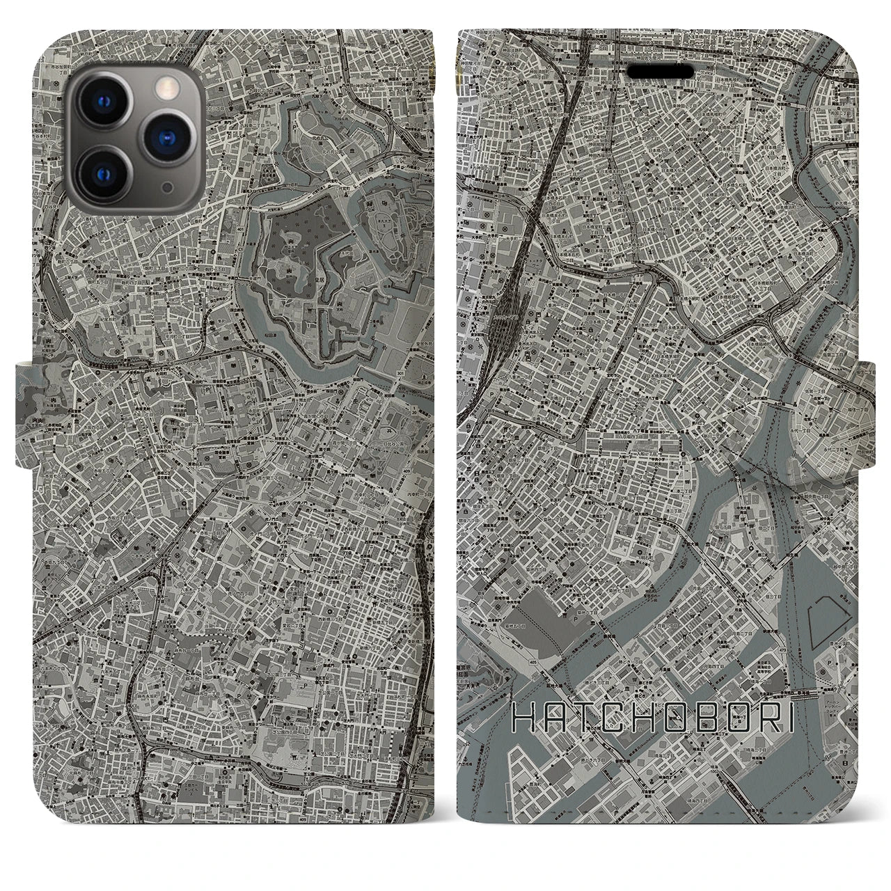 【八丁堀】地図柄iPhoneケース（手帳両面タイプ・モノトーン）iPhone 11 Pro Max 用