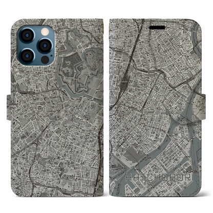 【八丁堀（東京都）】地図柄iPhoneケース（手帳タイプ）モノトーン・iPhone 12 / 12 Pro 用