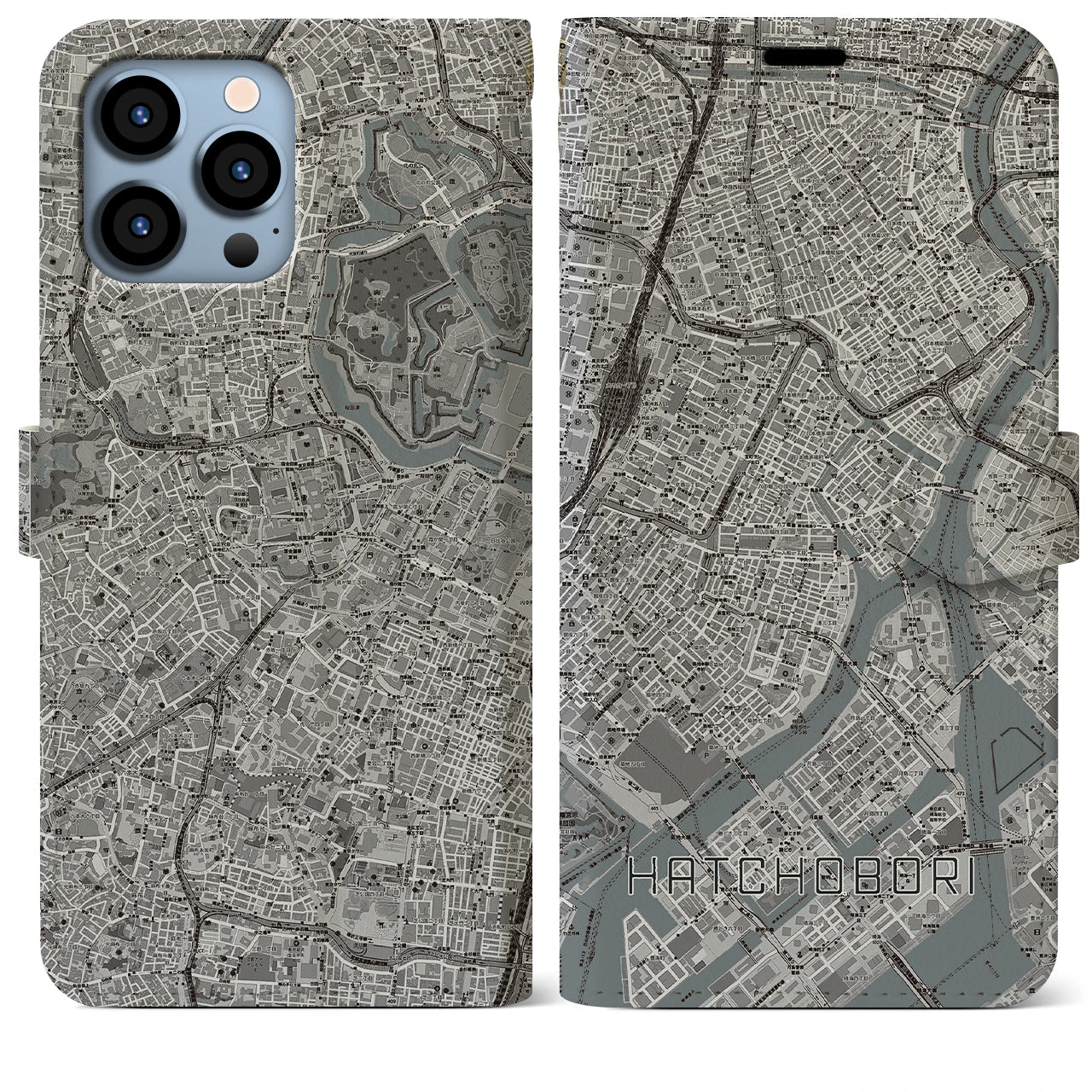 【八丁堀】地図柄iPhoneケース（手帳両面タイプ・モノトーン）iPhone 13 Pro Max 用