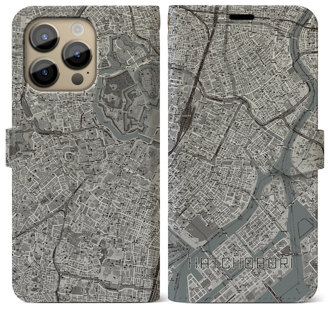 【八丁堀】地図柄iPhoneケース（手帳両面タイプ・モノトーン）iPhone 14 Pro Max 用