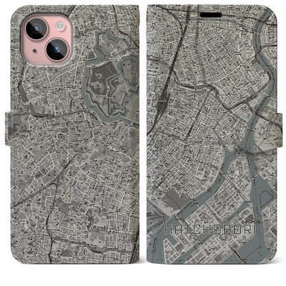 【八丁堀（東京都）】地図柄iPhoneケース（手帳タイプ）モノトーン・iPhone 15 Plus 用