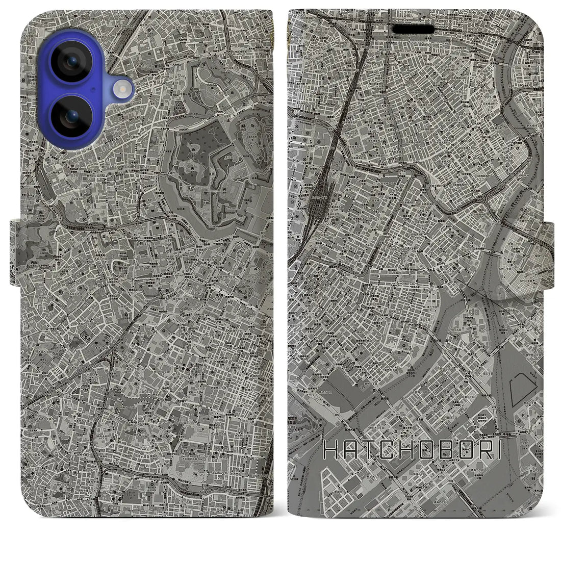 【八丁堀(東京都)】地図柄iPhoneケース(手帳タイプ)モノトーン・iPhone 16 Pro Max 用