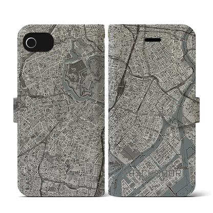 【八丁堀（東京都）】地図柄iPhoneケース（手帳タイプ）モノトーン・iPhone SE（第3 / 第2世代） / 8 / 7 / 6s / 6 用