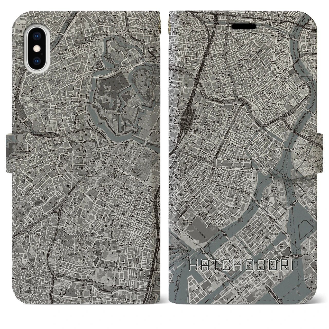 【八丁堀（東京都）】地図柄iPhoneケース（手帳タイプ）モノトーン・iPhone XS Max 用