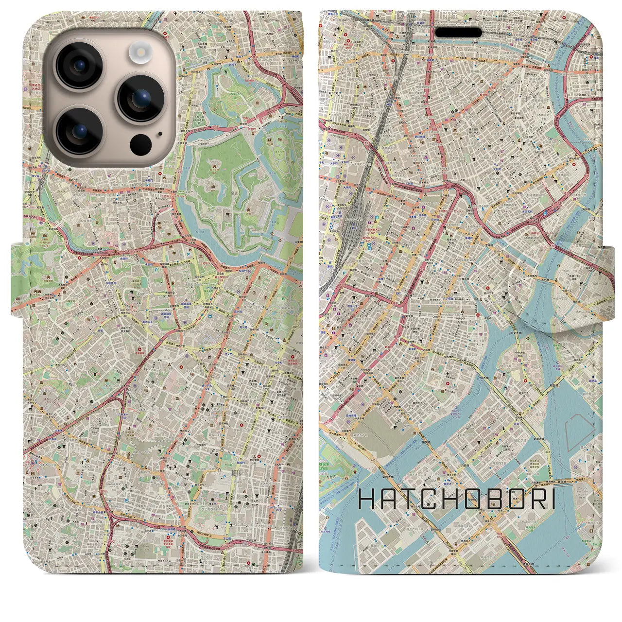 【八丁堀（東京都）】地図柄iPhoneケース（手帳タイプ）ナチュラル・iPhone 16 Plus 用