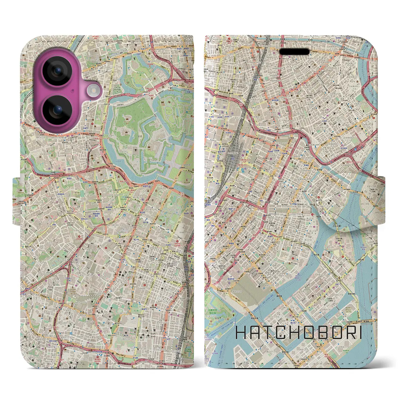 【八丁堀（東京都）】地図柄iPhoneケース（手帳タイプ）ナチュラル・iPhone 16 Pro 用