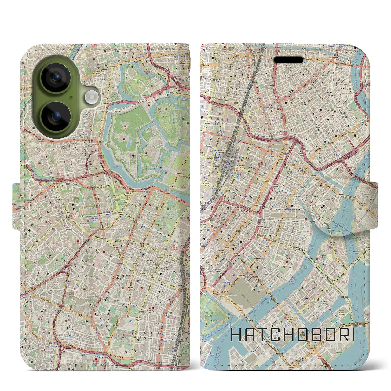 【八丁堀（東京都）】地図柄iPhoneケース（手帳タイプ）ナチュラル・iPhone 17 Pro Max 用