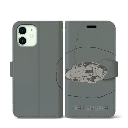 【波照間（沖縄県）】地図柄iPhoneケース（手帳タイプ）モノトーン・iPhone 12 mini 用