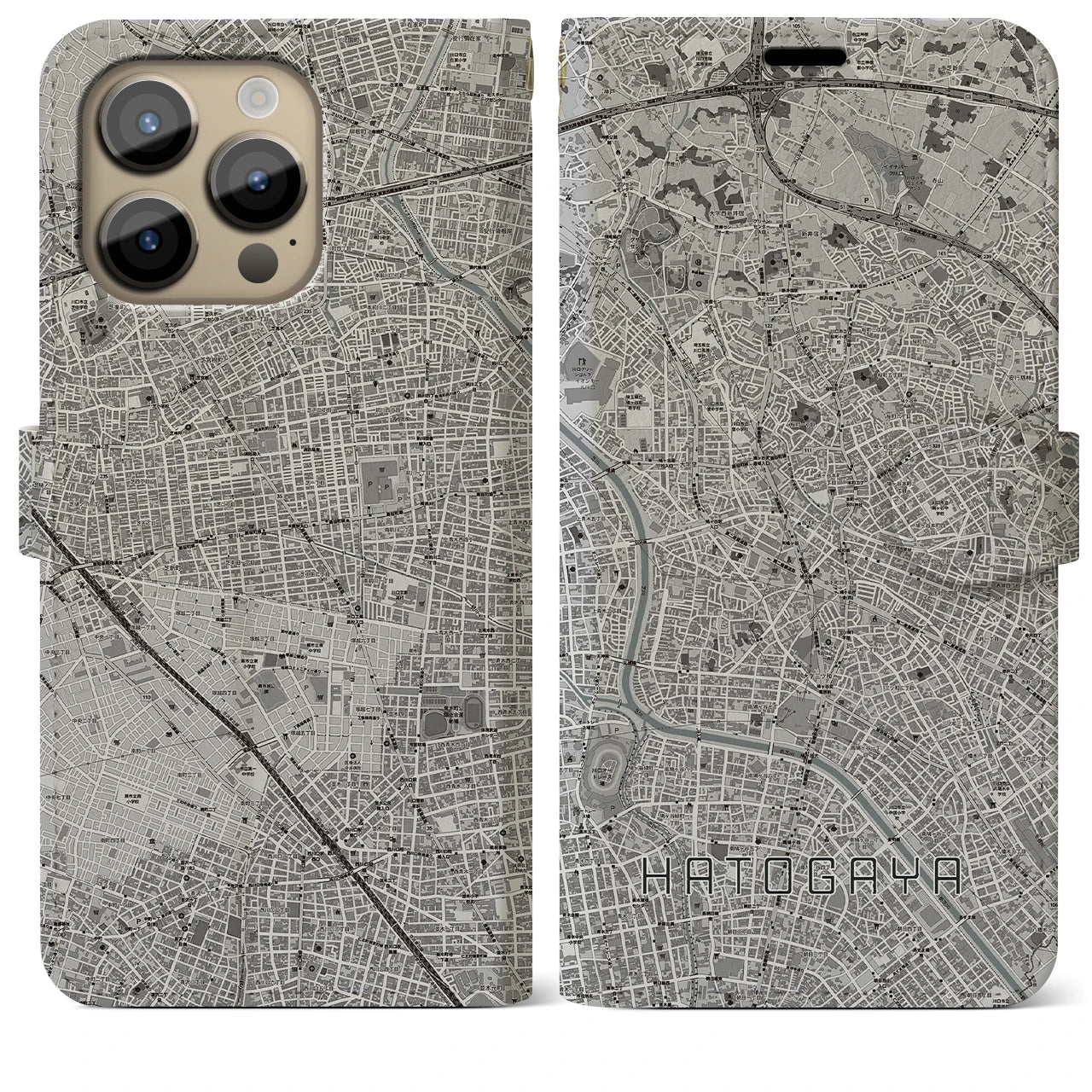 【鳩ヶ谷】地図柄iPhoneケース（手帳両面タイプ・モノトーン）iPhone 14 Pro Max 用
