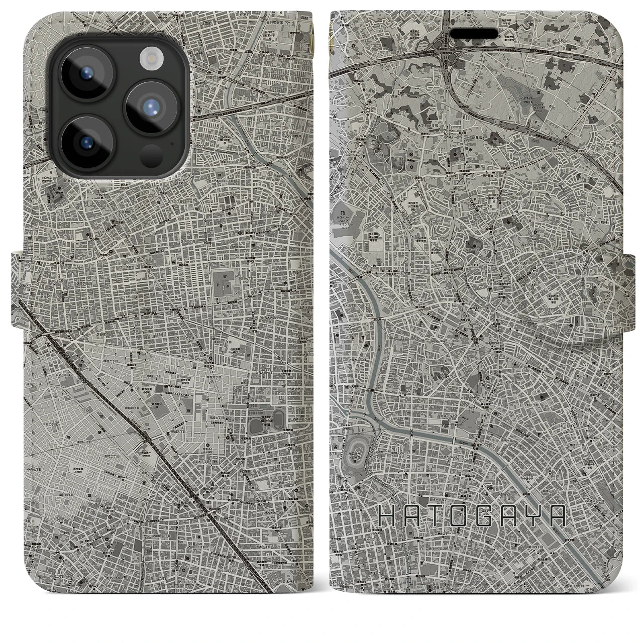 【鳩ヶ谷】地図柄iPhoneケース（手帳両面タイプ・モノトーン）iPhone 15 Pro Max 用