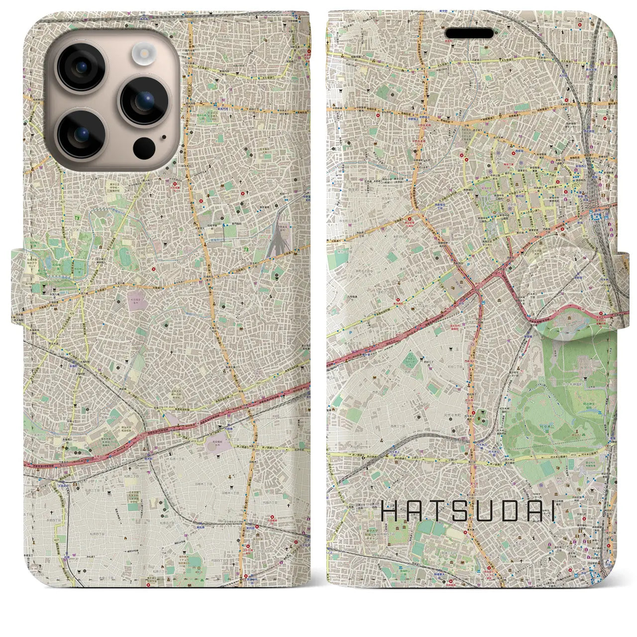 【初台（東京都）】地図柄iPhoneケース（手帳タイプ）ナチュラル・iPhone 16 Plus 用