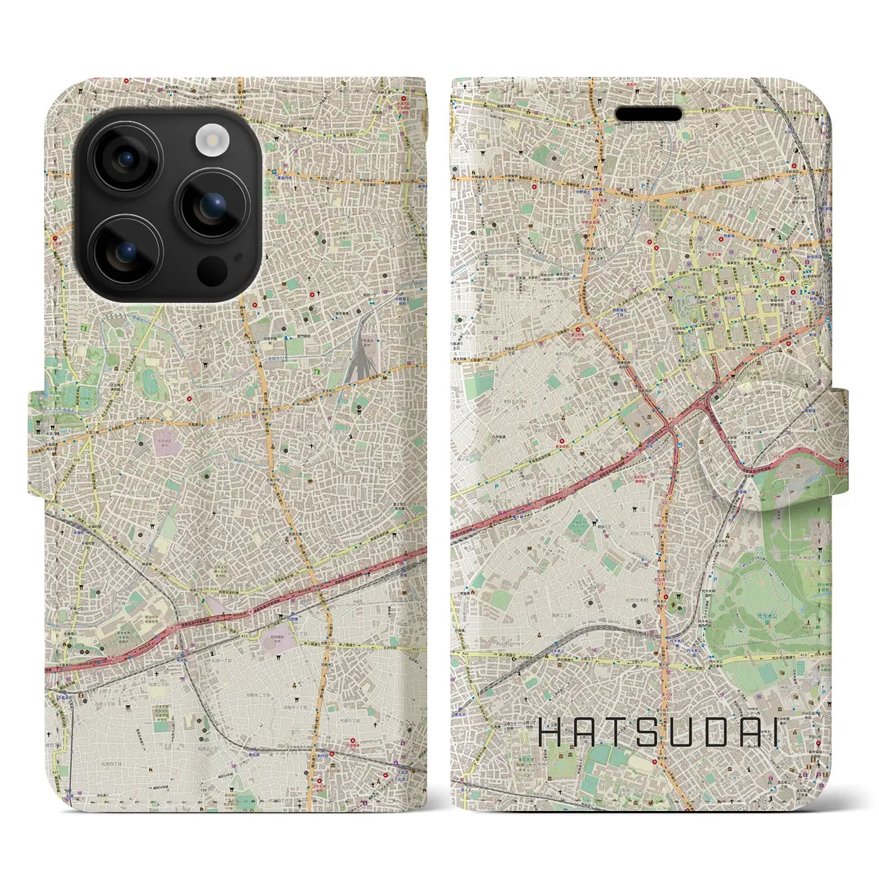 【初台（東京都）】地図柄iPhoneケース（手帳タイプ）ナチュラル・iPhone 16 用