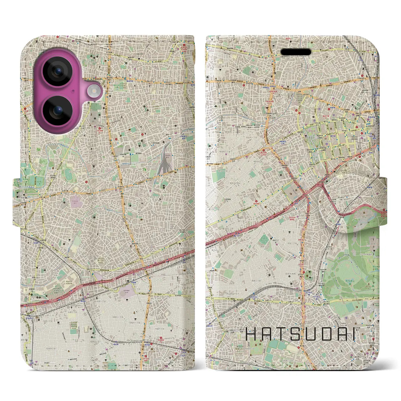 【初台（東京都）】地図柄iPhoneケース（手帳タイプ）ナチュラル・iPhone 16 Pro 用