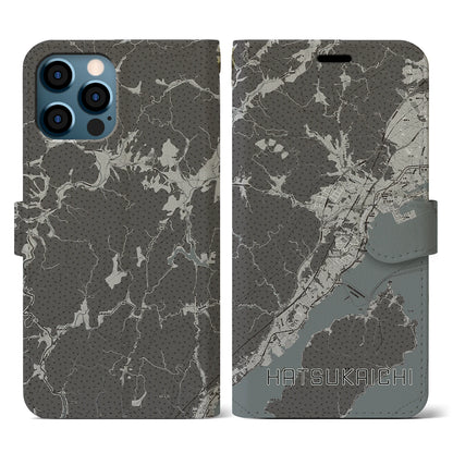 【廿日市（広島県）】地図柄iPhoneケース（手帳タイプ）モノトーン・iPhone 12 / 12 Pro 用